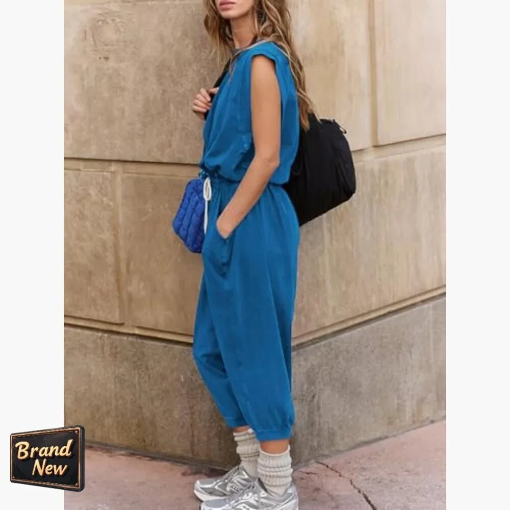 Oversized Backless Jumpsuit with Pockets, Drawstring Waist, Cap Sleeves